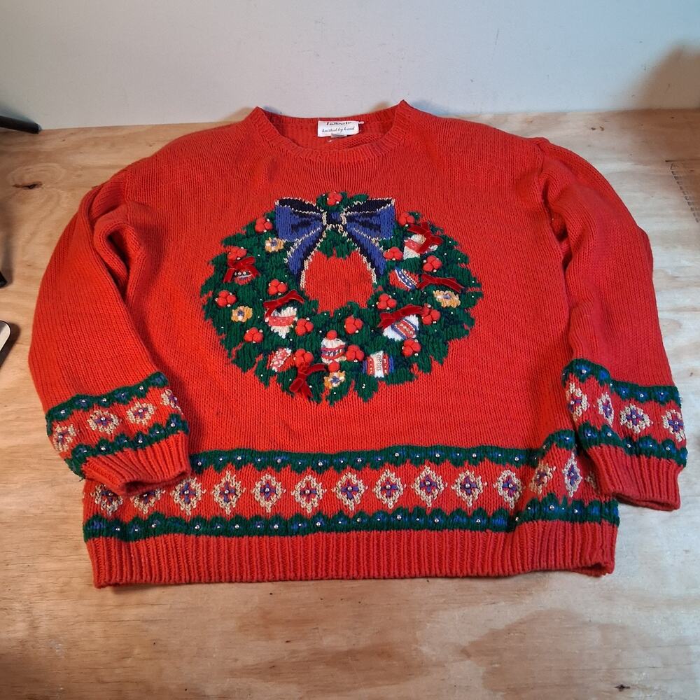 Vintage Talbots Womens Christmas Sweater Sz M Hand Knit Wreath Beaded Red Ugly
